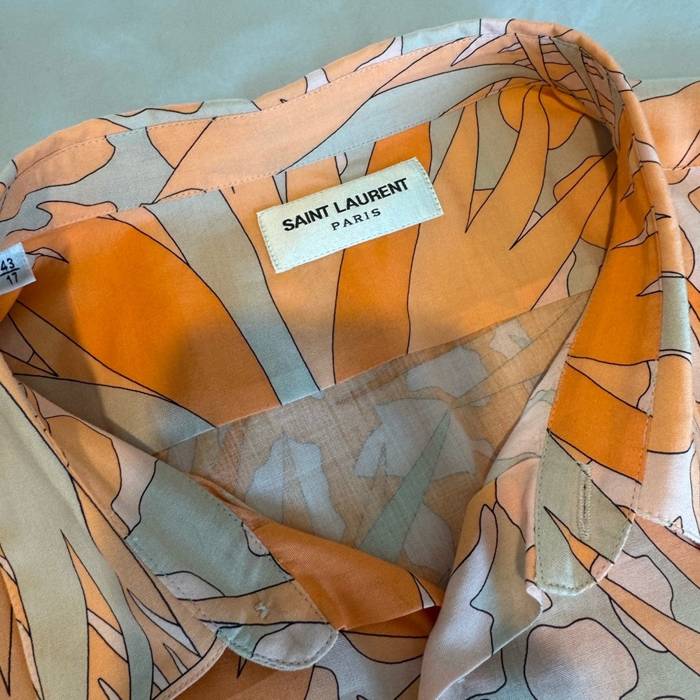 Saint Laurent Men's Shirt with Orange and Beige Leaf Design